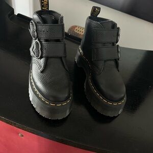 Dr. Martens Black Leather Devon Heart Platform Double Buckle Boots